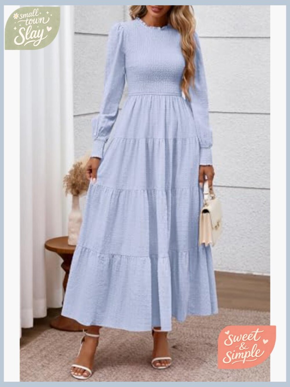 Long Sleeve Maxi Dress Smocked Waist Swiss Dot Formal Wedding Guest - Picture 4 of 7